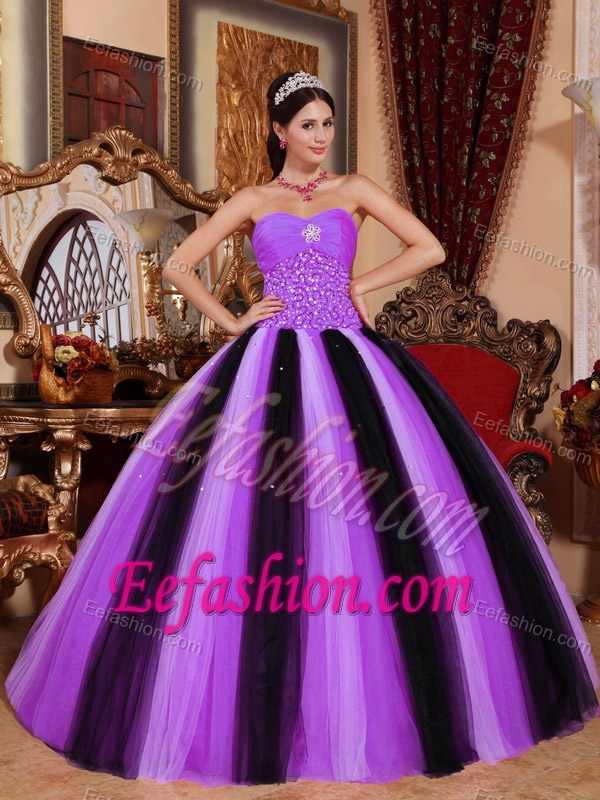 Lavender and Black Sweetheart Beading Quinceanera Gown Dresses