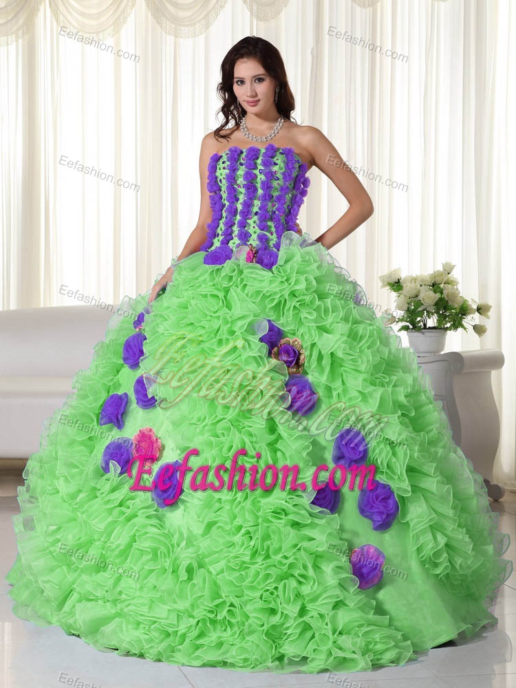 Spring Green Strapless Organza Beading Quinceanera Dress with Flowers