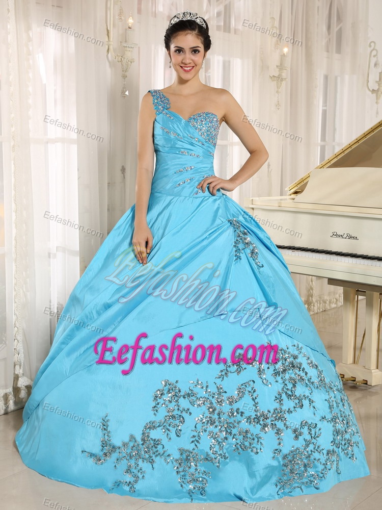 Baby Blue Beading One Shoulder Quinceanera Dress with Floral Appliques
