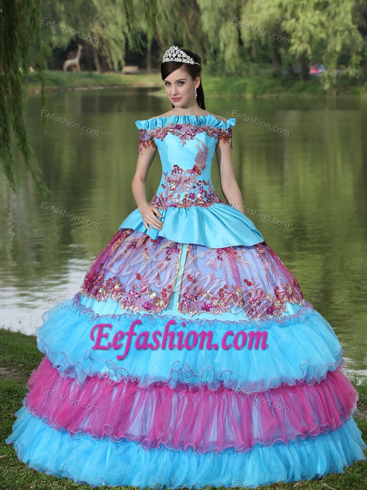 off the Shoulder Appliques Quinceanera Dress for 2013 with Tiered Ruffles