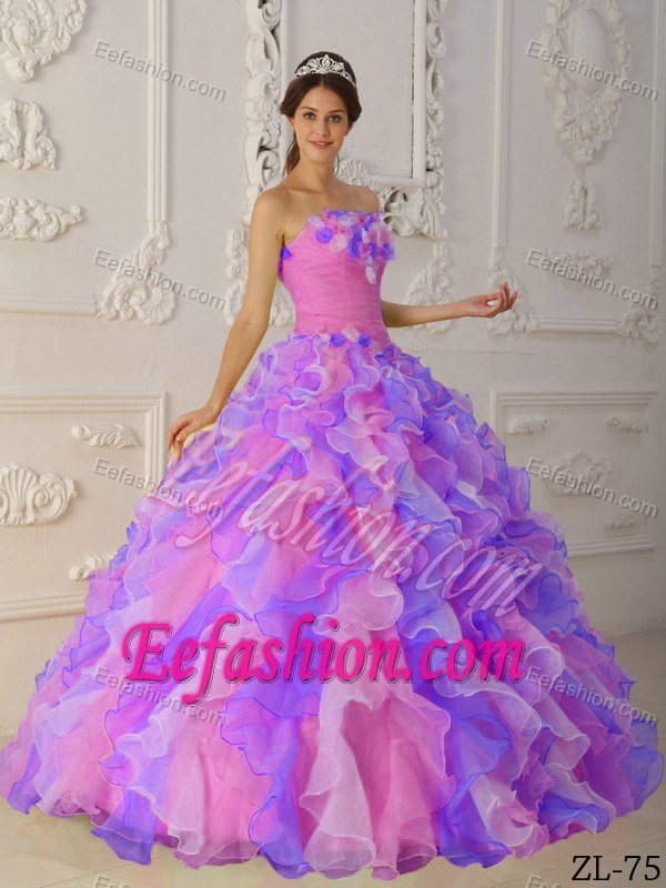 Attractive Multi-color Ruffled Lace-up OrganzaQuinces Dresses with Flowers