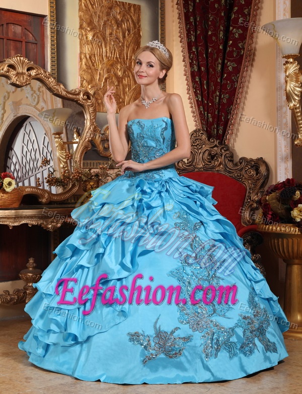 Luxurious Strapless Long Quinces Dresses in Aqua Blue with Ruffles