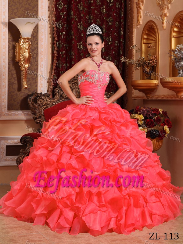 Attractive Beaded and Appliqued Lace-up Quinceanera Dresses in Coral Red