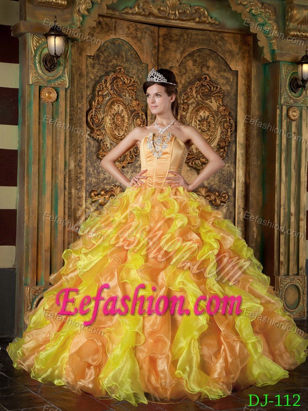 Charming Gold Ruffled and Beaded Organza Dresses for Quince in Floor-length