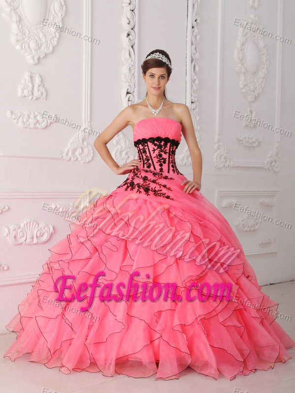 Gorgeous Strapless Long Sweet 16 Dresses in Watermelon with Ruffles