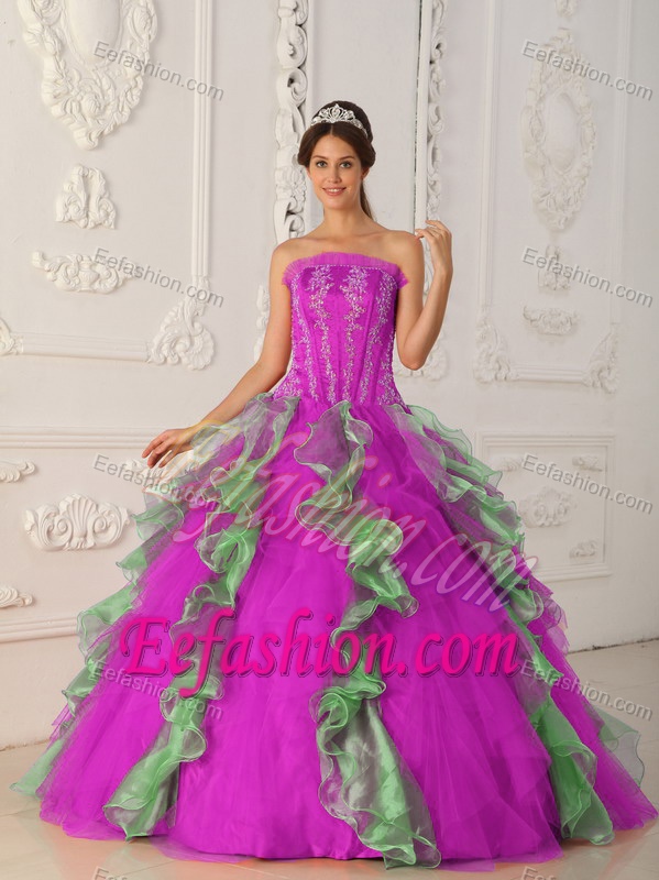 Memorable Appliqued and Beaded Sweet 15 Dresses in Hot Pink and Green