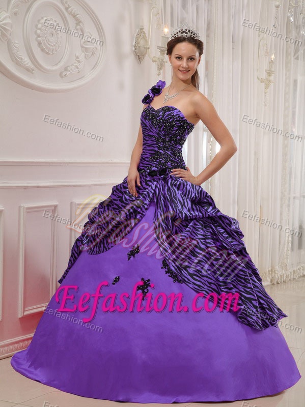 Sweet One Shoulder Long Zebra Quinceanera Dresses with Appliques