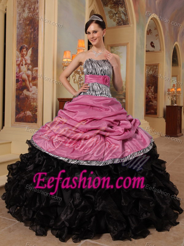 Charming Pink and Black Ruffled and Organza Dress for Quinceanera