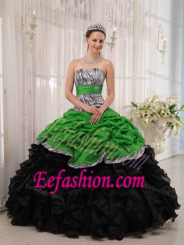 Attractive Sweetheart Green and Black Lace-up Dress for Quince with Ruffles
