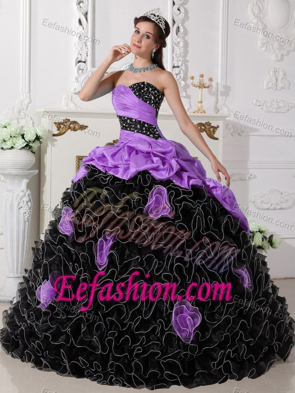 Purple and Black Sassy Sweetheart Organza Quinces Dresses with Rolling Flowers
