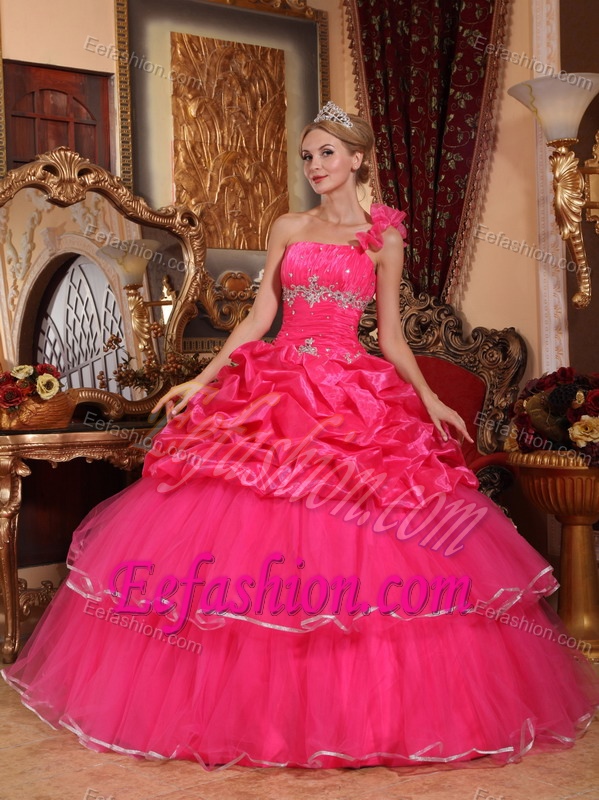 Best Seller Hot Pink One Shoulder Quinceanera Dresses with Beading and Pick-ups