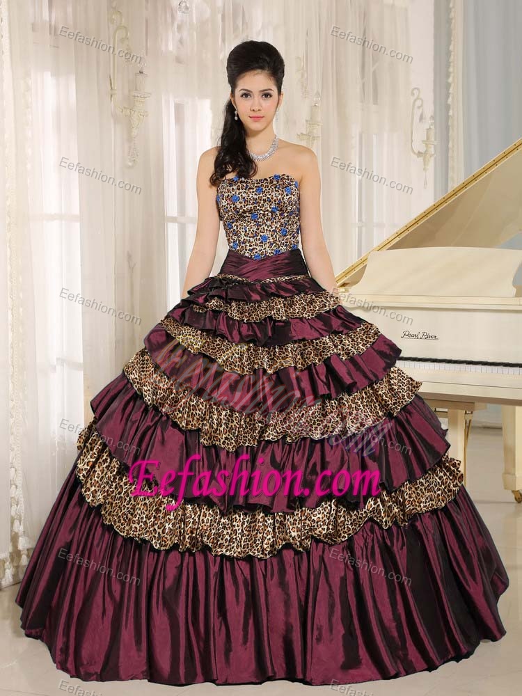 Amazing Burgundy Leopard Quinceanera Dress with Ruffled Layers and Appliques