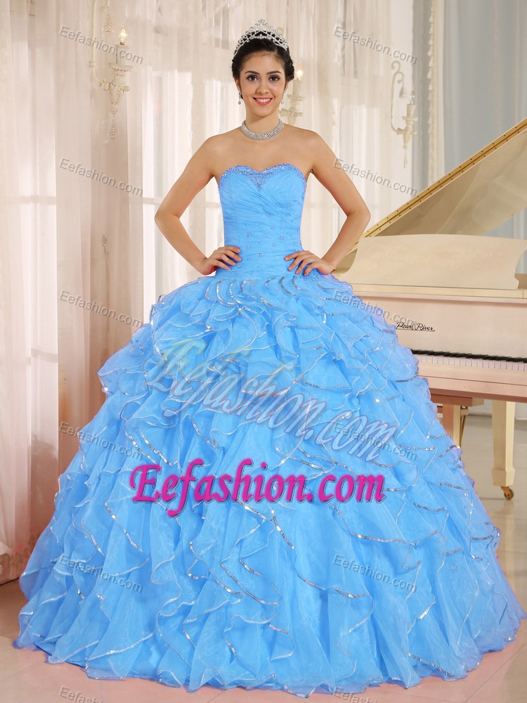 Exquisite Ruffled and Beaded Organza Lace-up Quinceanera Dresses in Aqua Blue