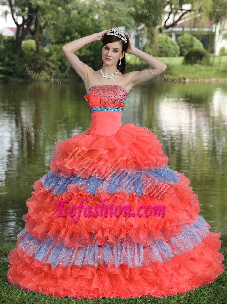 Traditional Beaded Organza Multi-color Strapless Quinceanera Gowns with Sequin