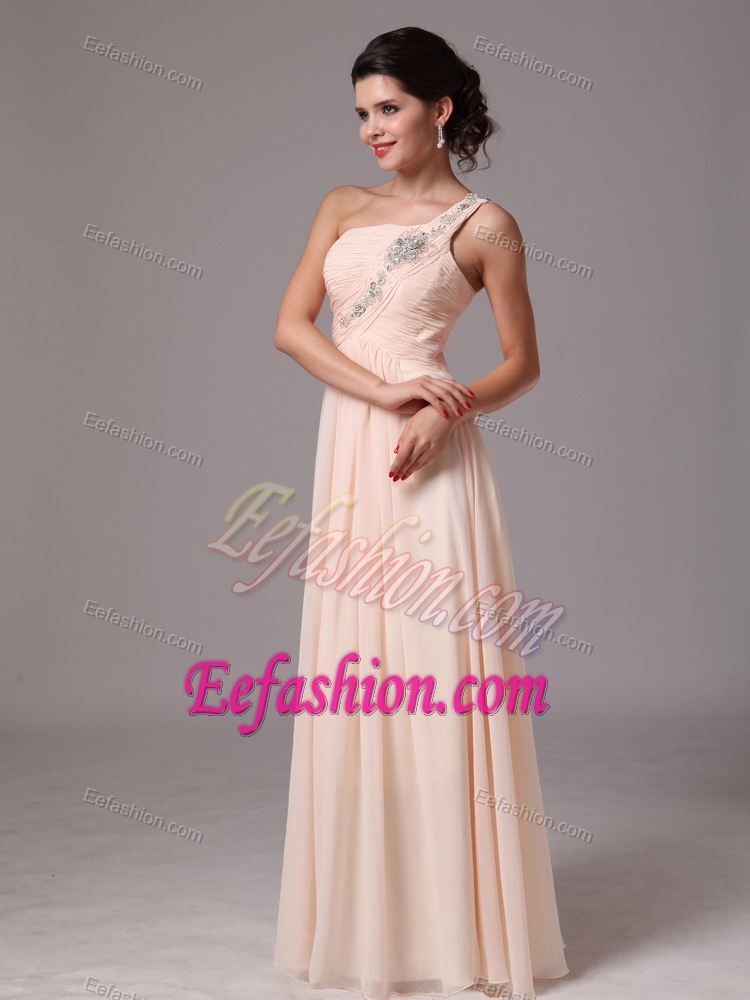Baby Pink One Shoulder Long Prom Dresses with Ruching and Beading