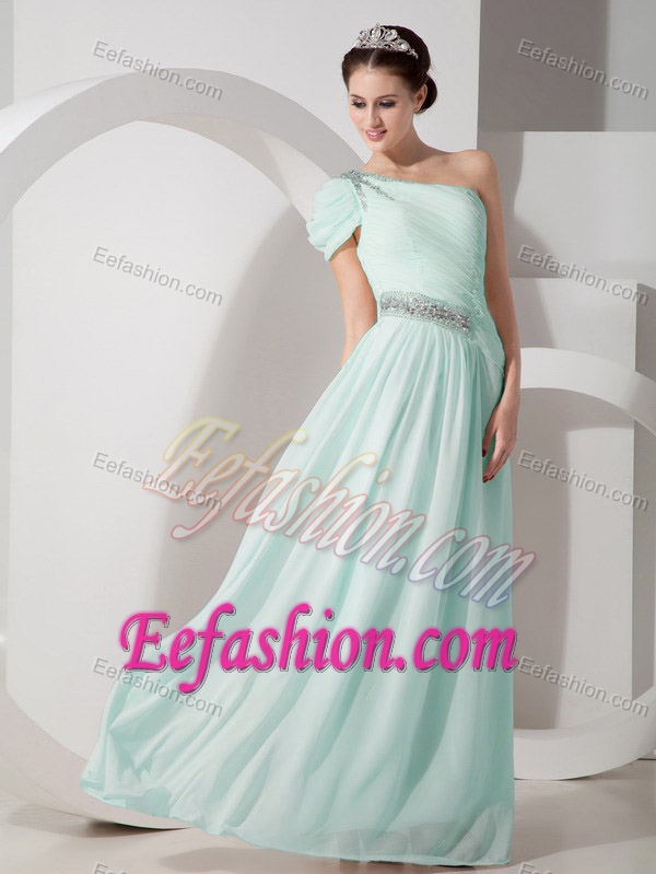 Apple Green One Shoulder Long Ruched Prom Party Dress with Beading
