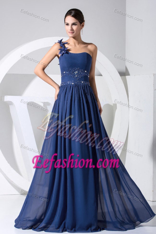 Navy Blue One Shoulder Brush Train Ruched Chiffon Prom Dress with Beading