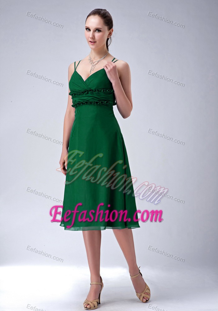 Hunter Green Spaghetti Straps Knee-length Ruched Flounced Prom Party Dress