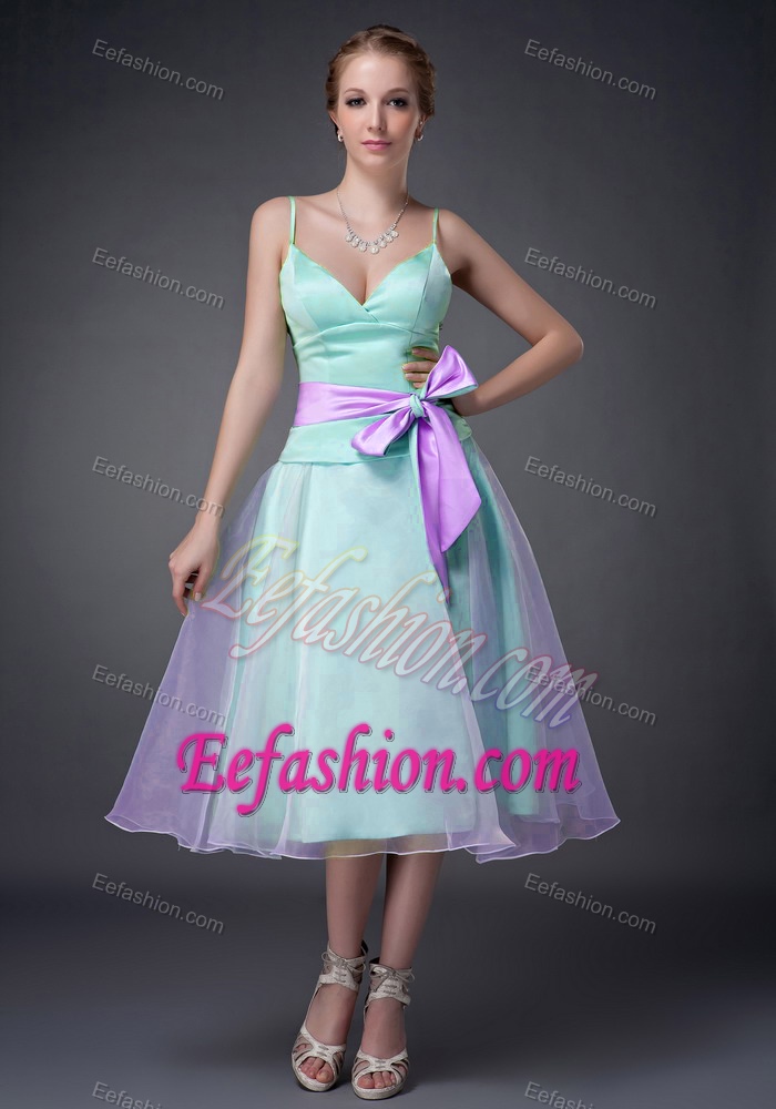 Spaghetti Straps Tea-length Aqua and Lavender Prom Pageant Dress with Bow