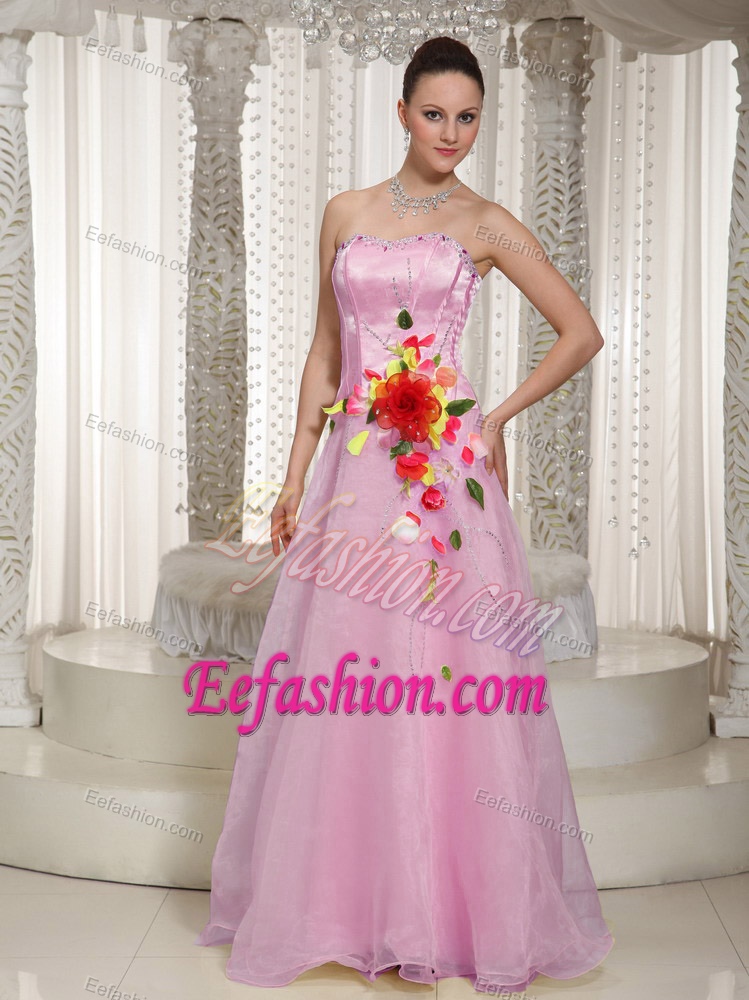 Beaded Organza Baby Pink Strapless Low Price Prom Dress in Floor-length