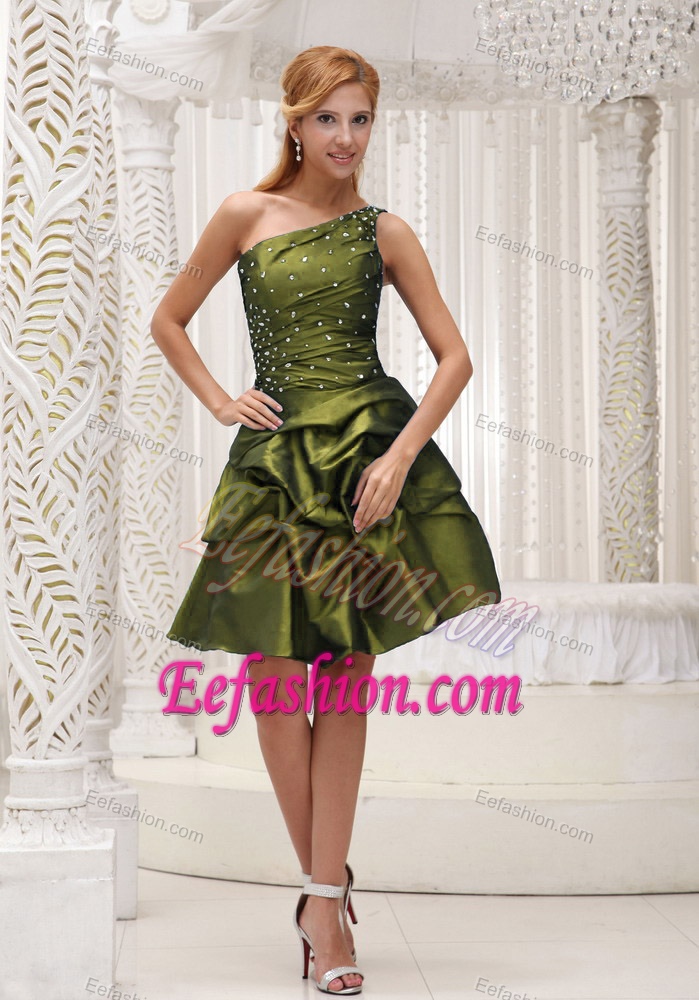 Discount One Shoulder Knee-length Prom Girl Dress in Olive Green
