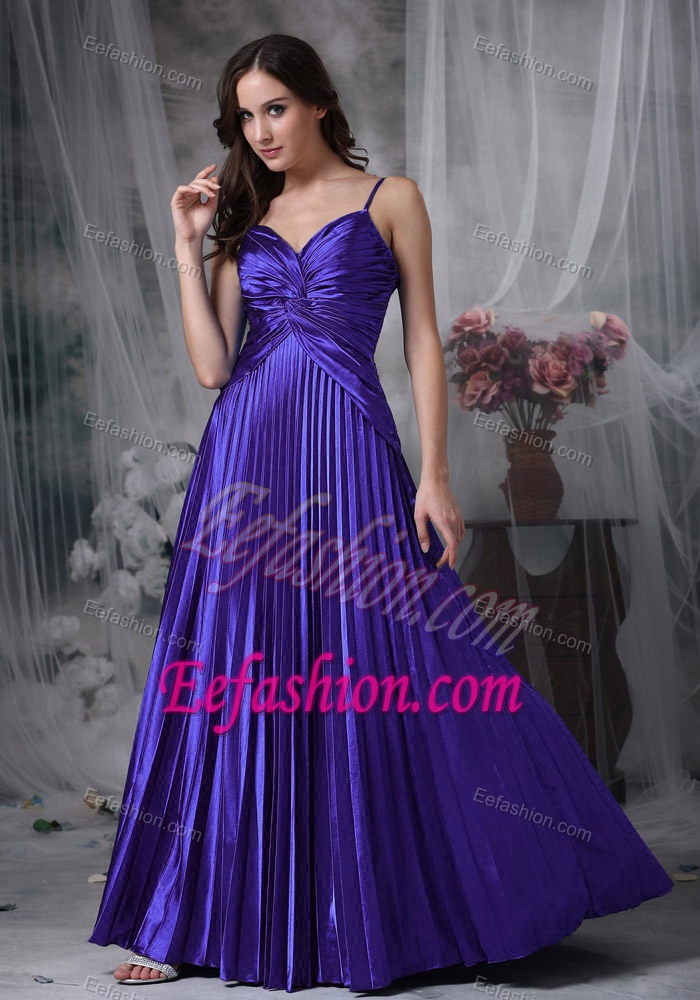Purple A-line Straps Cute Prom Dresses in Elastic Woven Satin with Pleats
