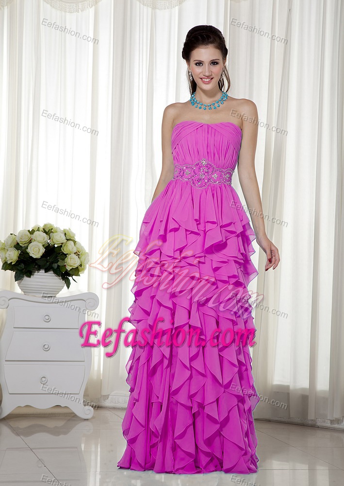 Inexpensive Hot Pink Empire Strapless Beaded Dresses for Prom