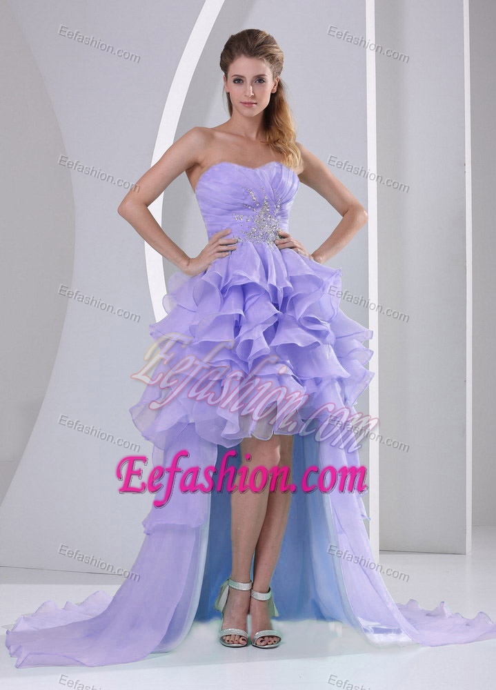 Lilac Organza High Low Sweetheart Prom Dresses for Cheap with Ruffles