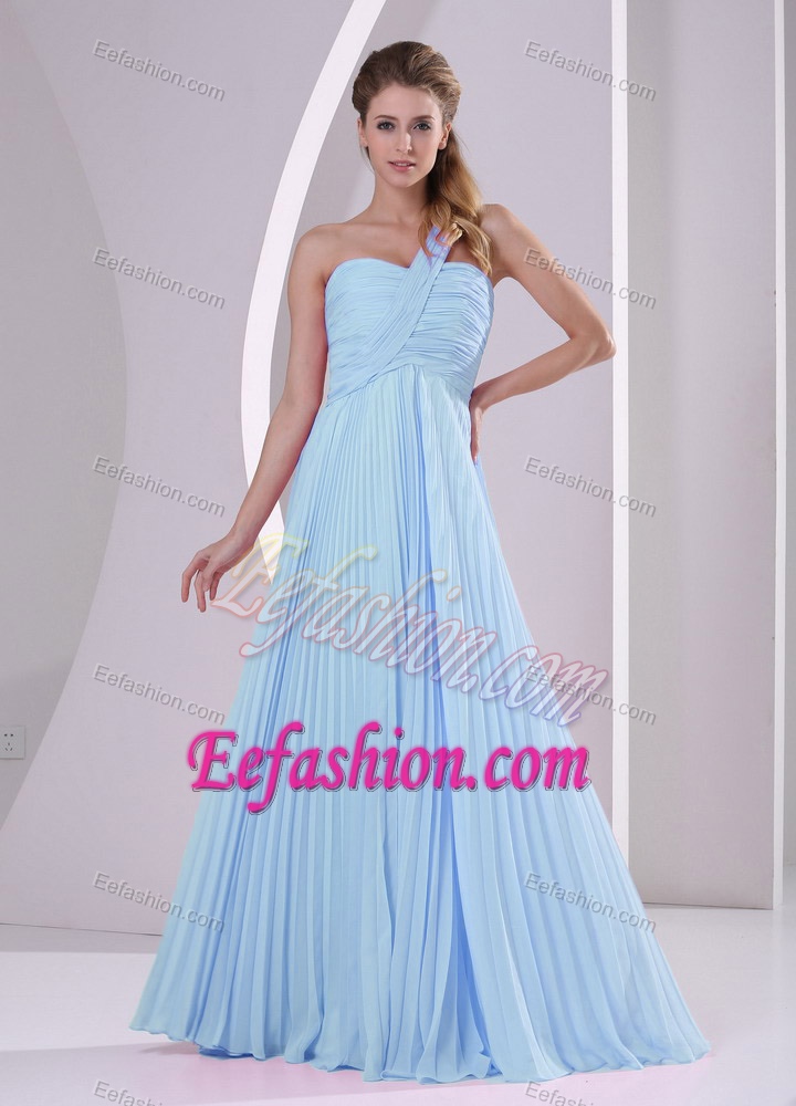 Baby Blue One Shoulder Empire Prom Dress with Pleat for Wholesale Price