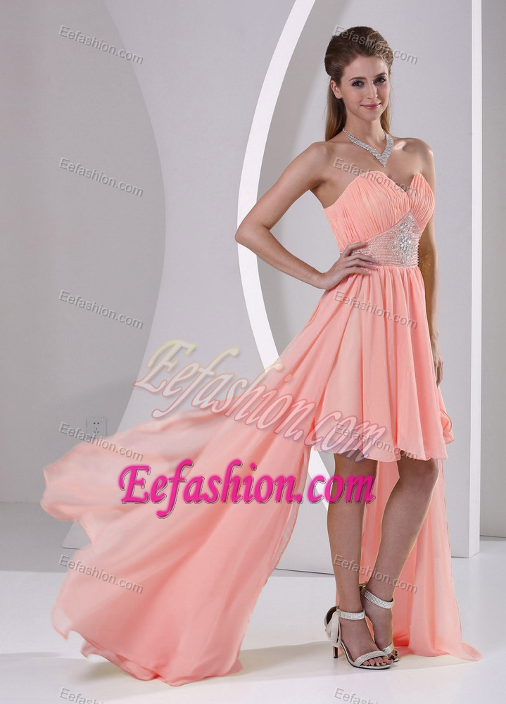 High Low Beaded Chiffon Watermelon Cheap Prom Dress with Sweetheart