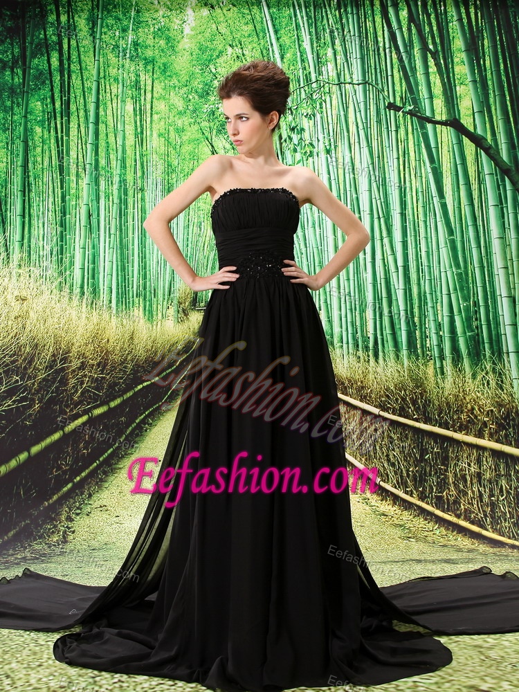 Empire Black Chiffon Cute Strapless Empire formal Prom Dress with Beading