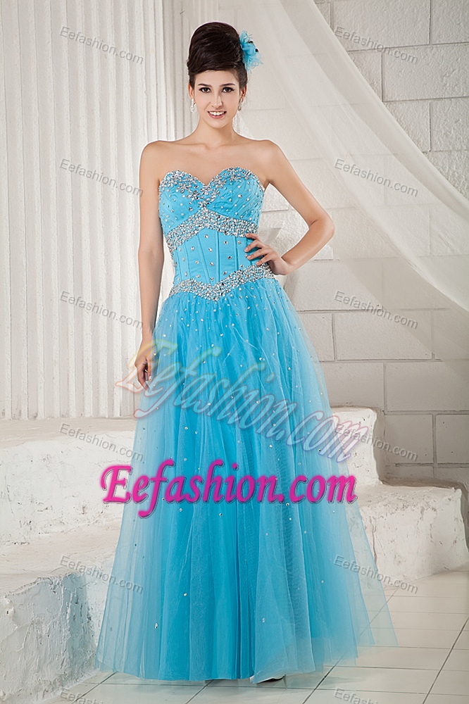 Popular Aqua Blue A-line Sweetheart Tulle Beaded Prom Dress for Custom Made
