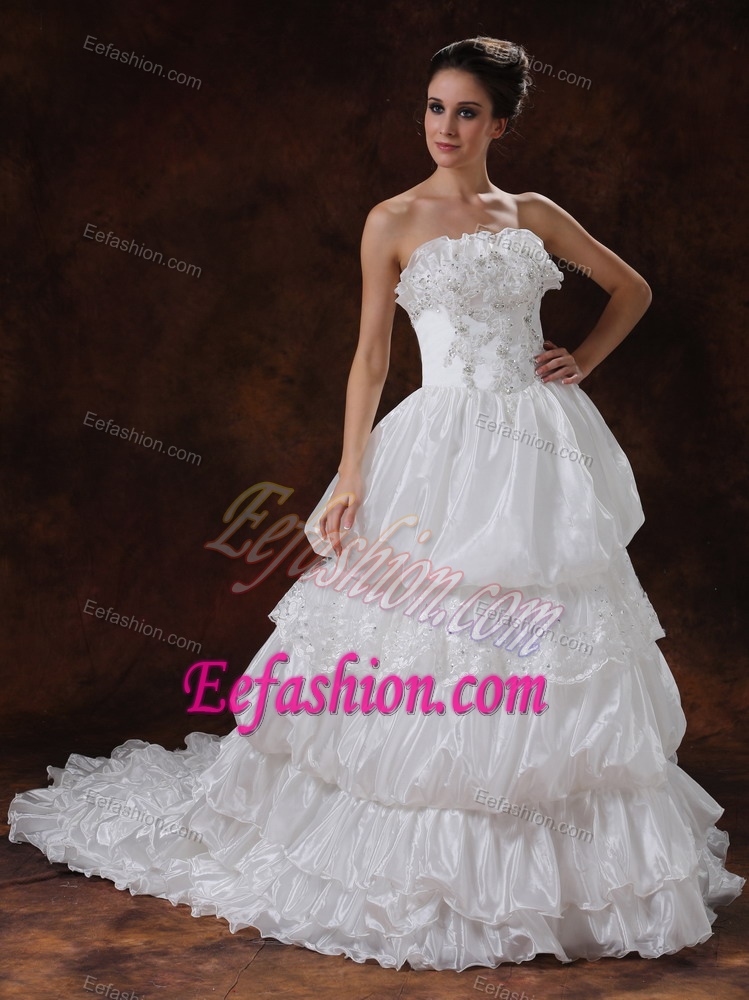 Fabulous Strapless Beaded Organza Lace-up Bridal Dress with Chapel Train