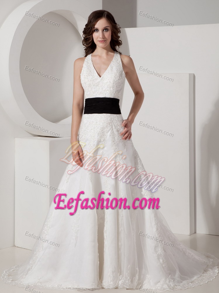 Romantic Halter Top Satin and Lace Appliqued Wedding Gowns with Belt