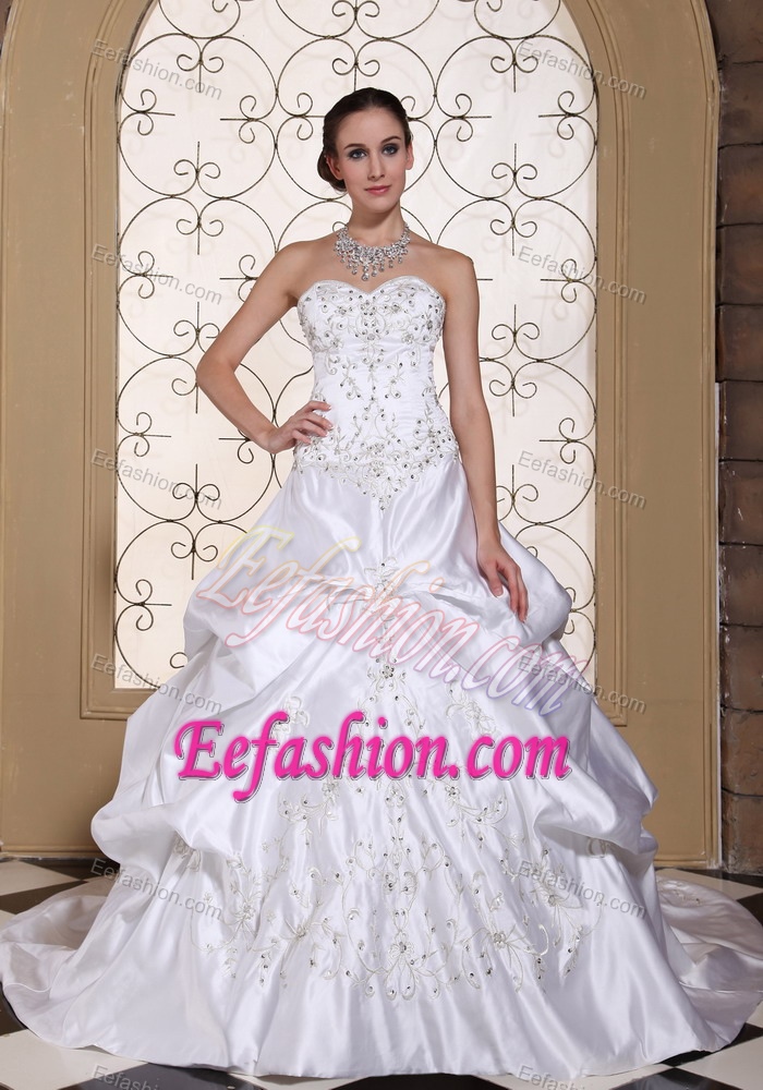 A-line Embroidery Decorated Wedding Dresses with Pick-ups and Chapel Train