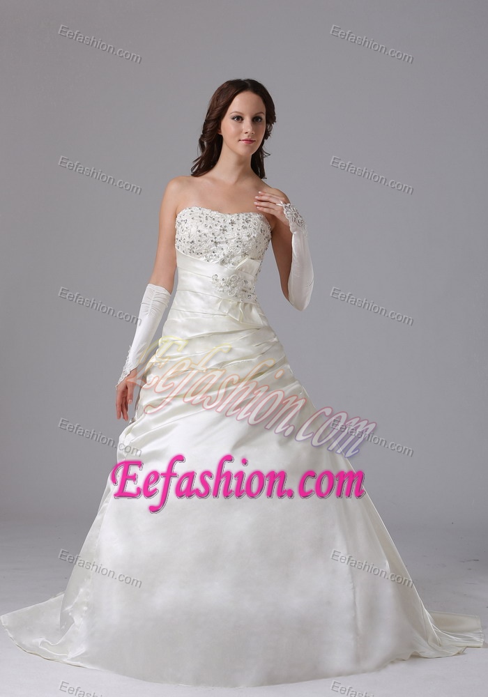 A-line Appliqued and Ruched Romantic Wedding Dress with Court Train on Sale