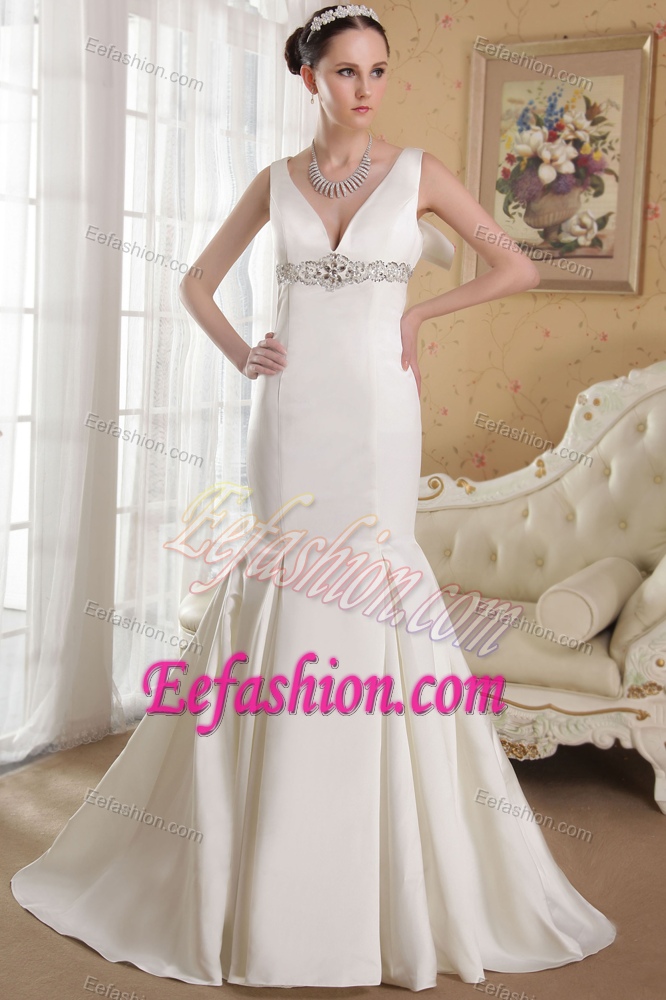 Pretty White Mermaid V-neck Court Train Satin Beaded Wedding Gown Dresses