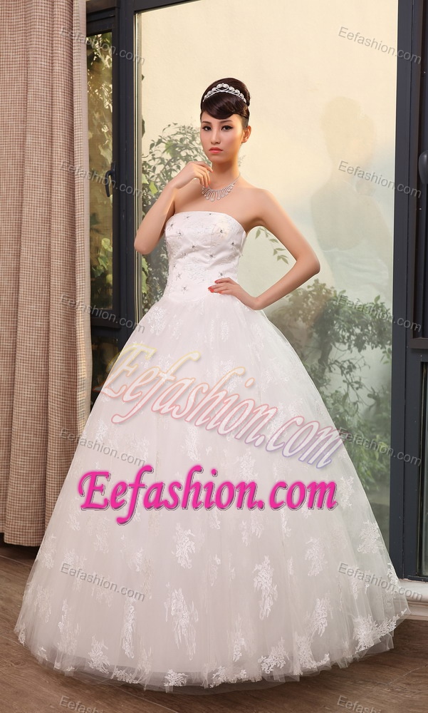 Popular Lace Beaded Strapless A-line Church Wedding Bridal Dress for Cheap
