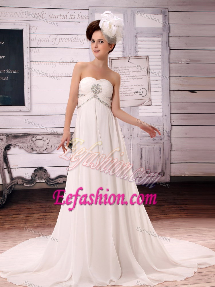 White Simple Sweetheart Chiffon A-Line Court Train Wedding Reception Dress