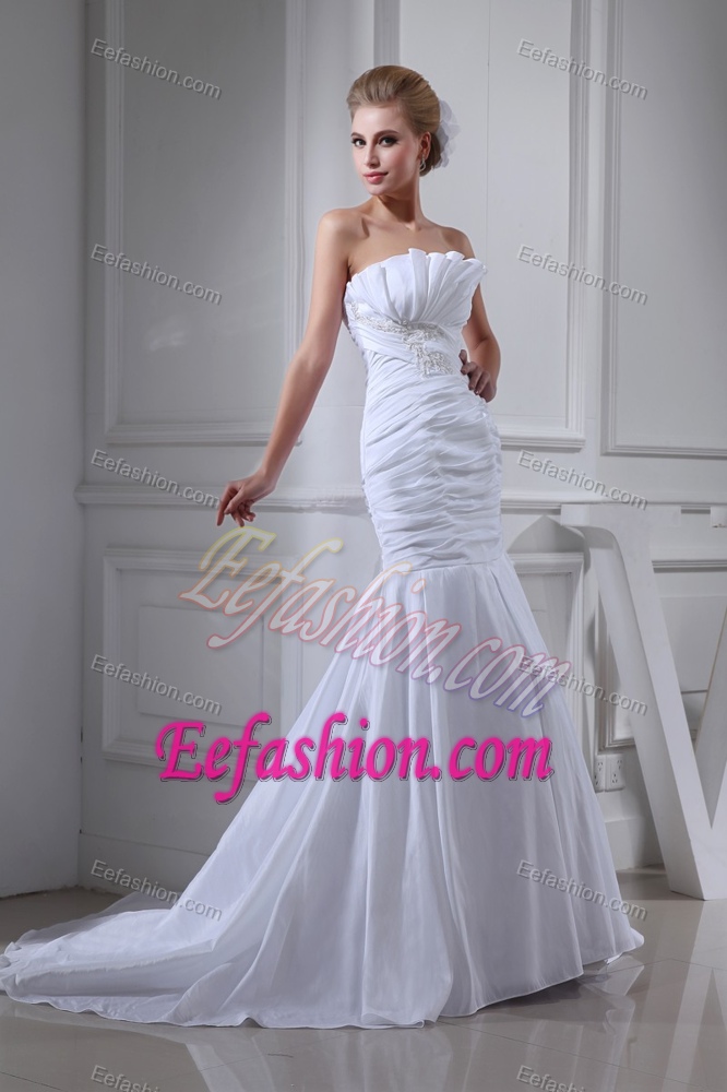 Court Train Strapless Ruched White Wedding Dress with Beading on Promotion