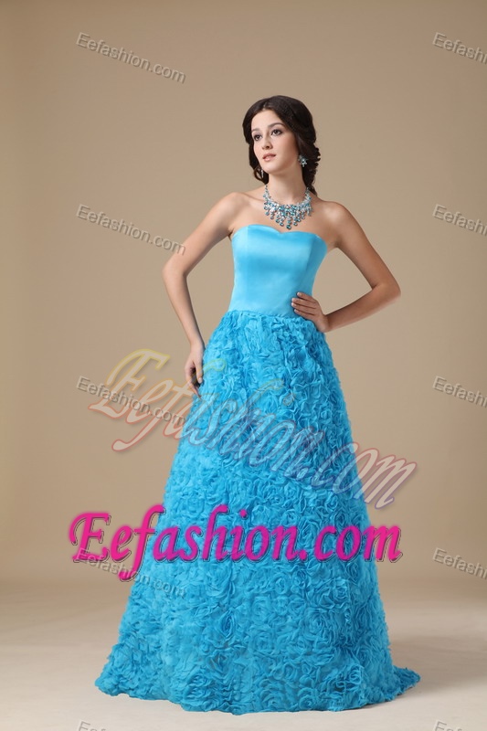 A-line Strapless Long Teal College Graduation Dresses with Rolling Flowers