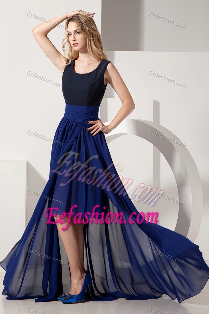 Navy Blue Empire Scoop High-low Chiffon Prom Dress for Graduation