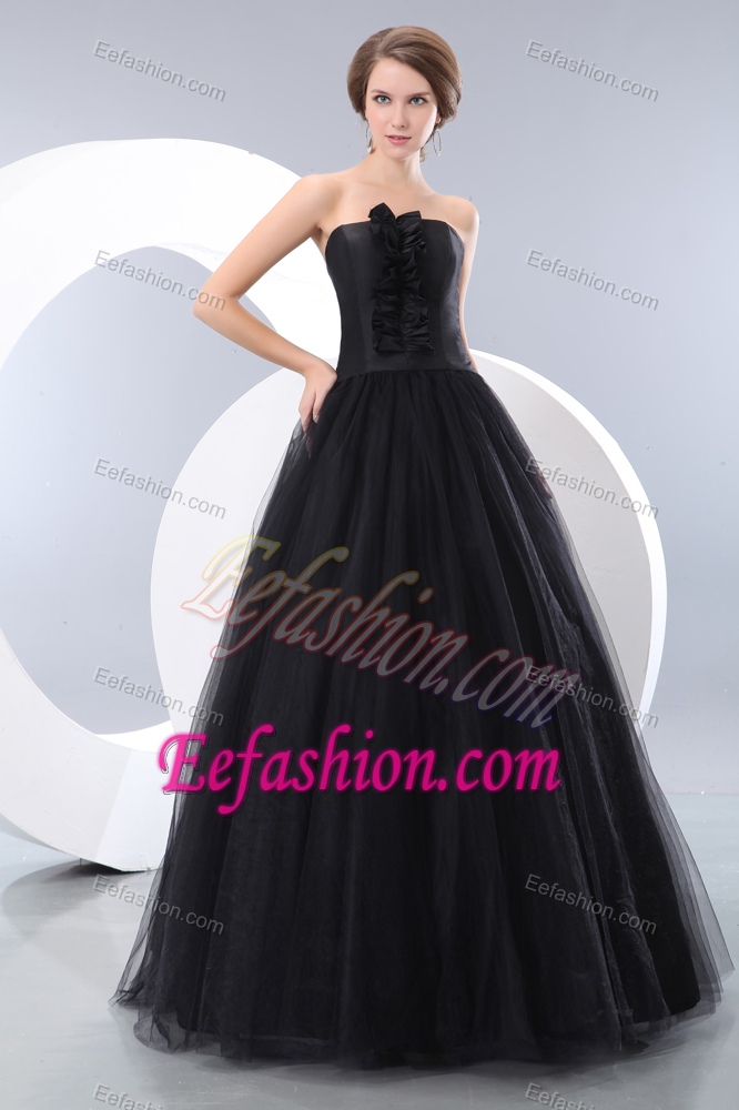 Popular A-line Strapless Long Tulle Graduation Ceremony Dresses in Black