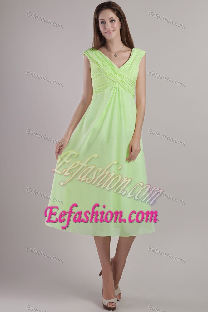 Empire V-neck Ankle-length Chiffon Prom Graduation Dresses in Yellow Green