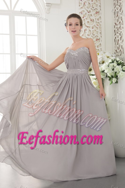 Grey Sweetheart Chiffon Beaded and Ruched Prom Graduation Dress for Cheap