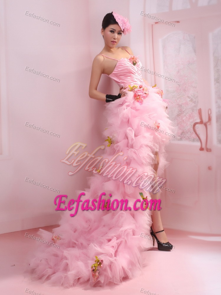 Luxurious Spaghetti Straps Pink High-low Tulle Prom Party Dresses with Ruffles