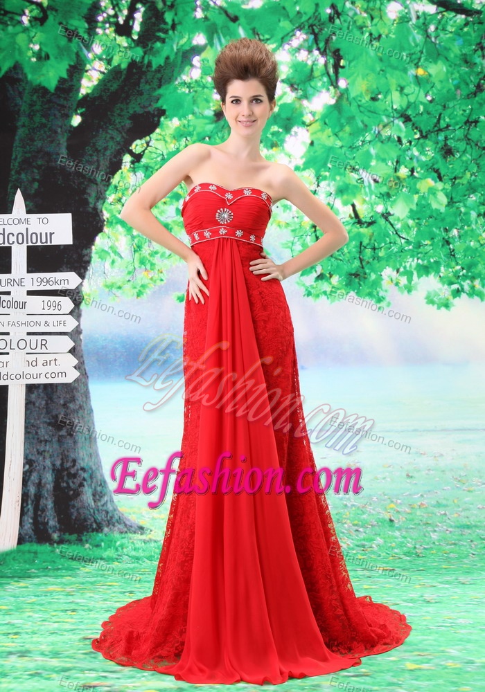 Sweetheart Lace Red Brush Train Party Dress for Prom Made in Lace