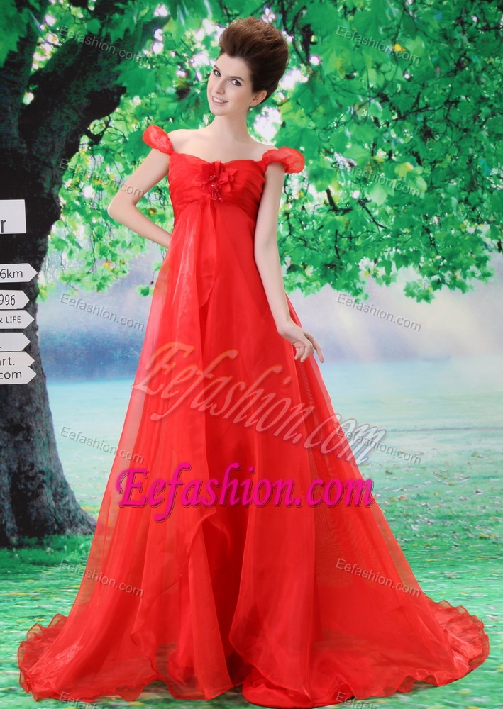 Special Red A-line Off the Shoulder Organza Prom Party Dress with Court Train