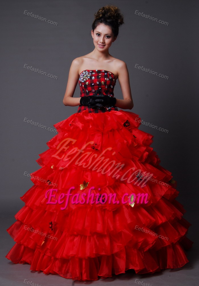 A-Line Strapless Beaded Prom Dresses for Party in Organza with Ruffled Layers