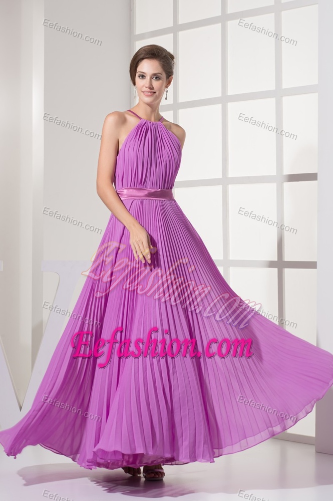Halter Top Ankle-length Pleated Prom Dress for Party Made with Sash